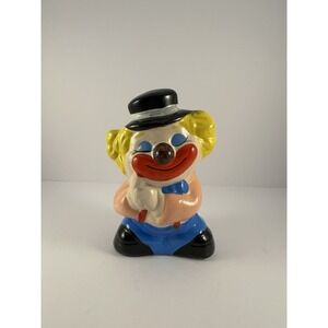 Vintage Smiling Clown Coin Money Piggy Bank Figurine Ceramic With Stoppper